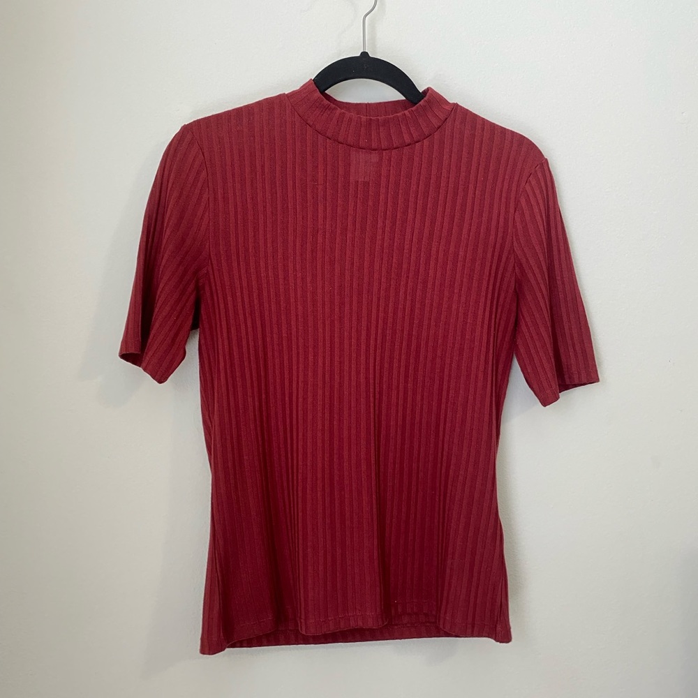 Red ribbed shirt with mock turtle neck